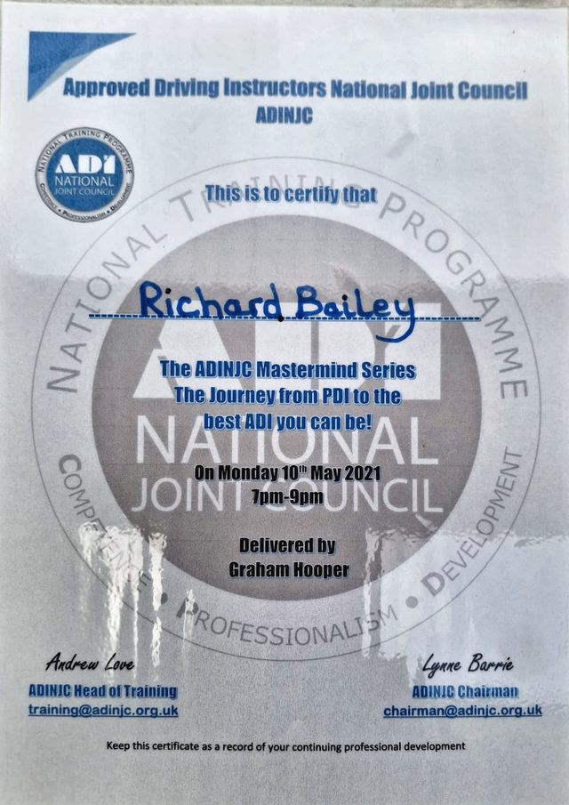 ADINJC National Training Programme certificate for Richard Bailey — The ADINJC Mastermind Series, The Journey from PDI to the best ADI you can be, 10 May 2021