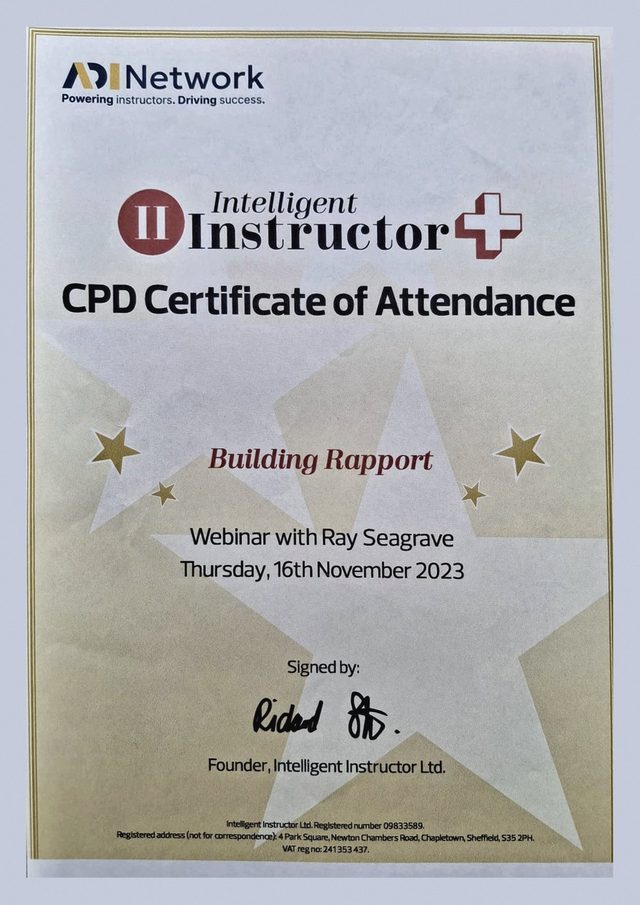 CPD Certificate of Attendance for the Building Rapport webinar with Ray Seagrave, issued by Intelligent Instructor and ADI Network, 16 November 2023